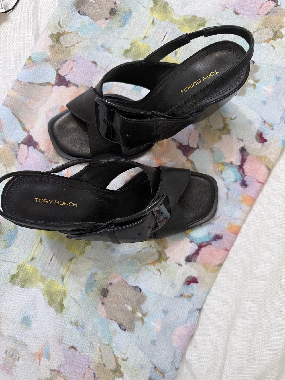 Tory Burch Black Leather Buckle Slingback Heels